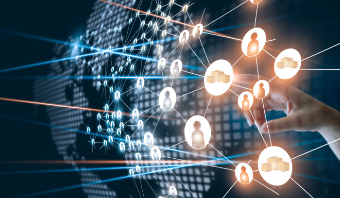 Hand of touching network connecting the human dots icon in business project management. Teamwork organization and brainstorm concept