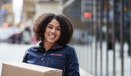 parcel delivery service provider delivery package to happy customer