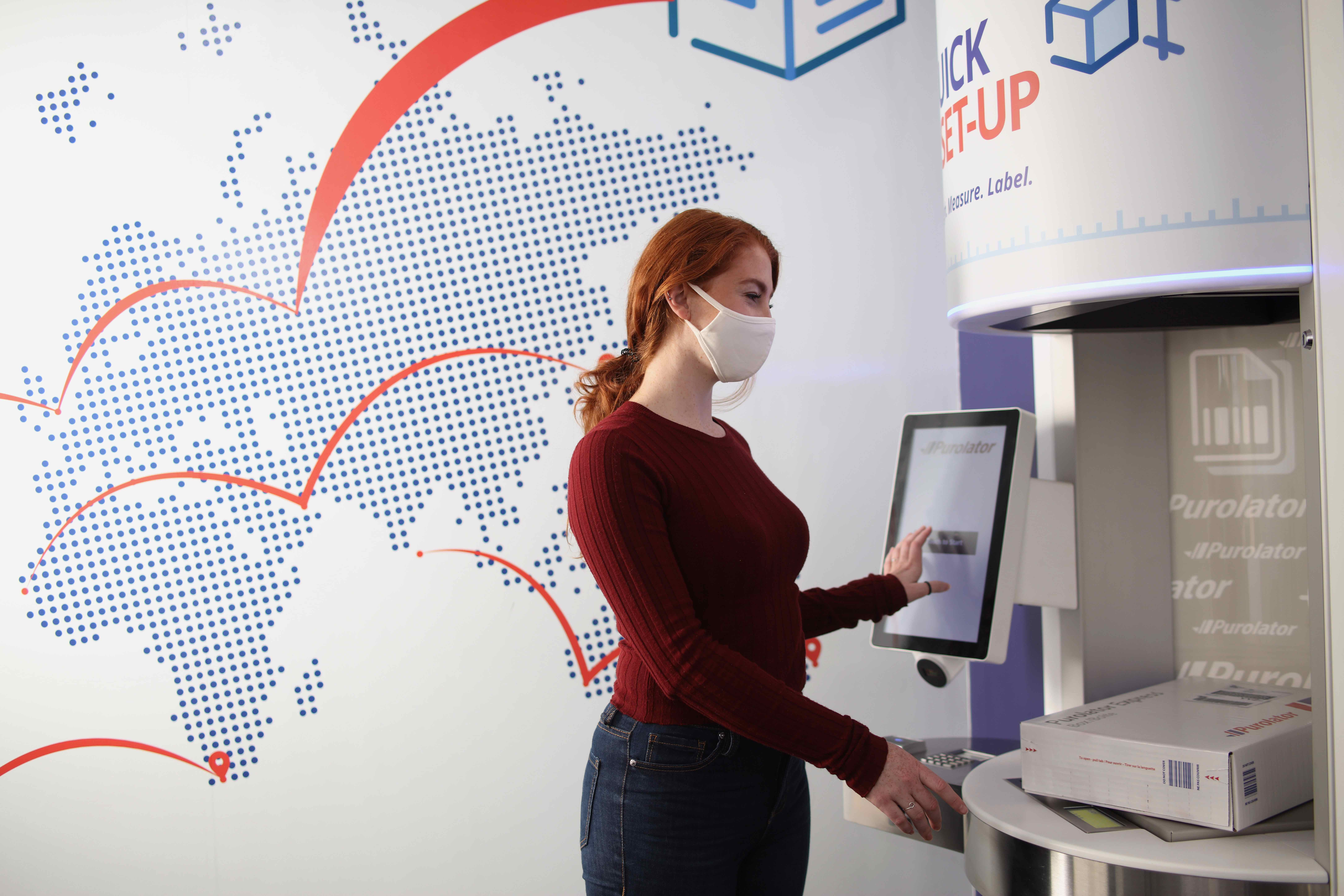 Woman standing at Purolator Quick shop kiosk , an evolution of needs for delivery predictions 